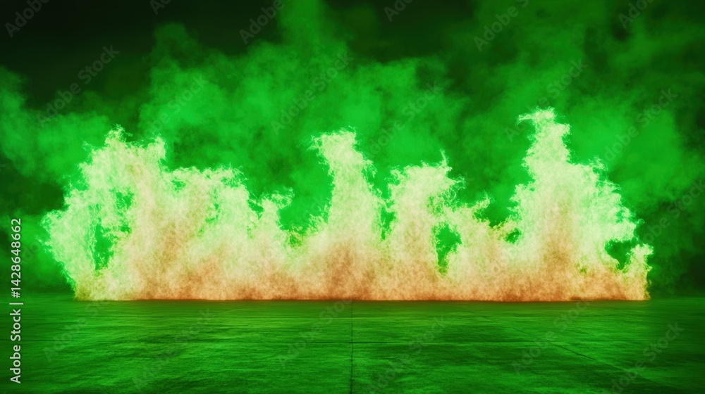 Bright Green and Orange Flame Effect with Dramatic Smoke Background