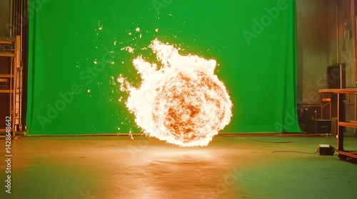 Bright Flaming Fireball on Green Screen in Studio Environment