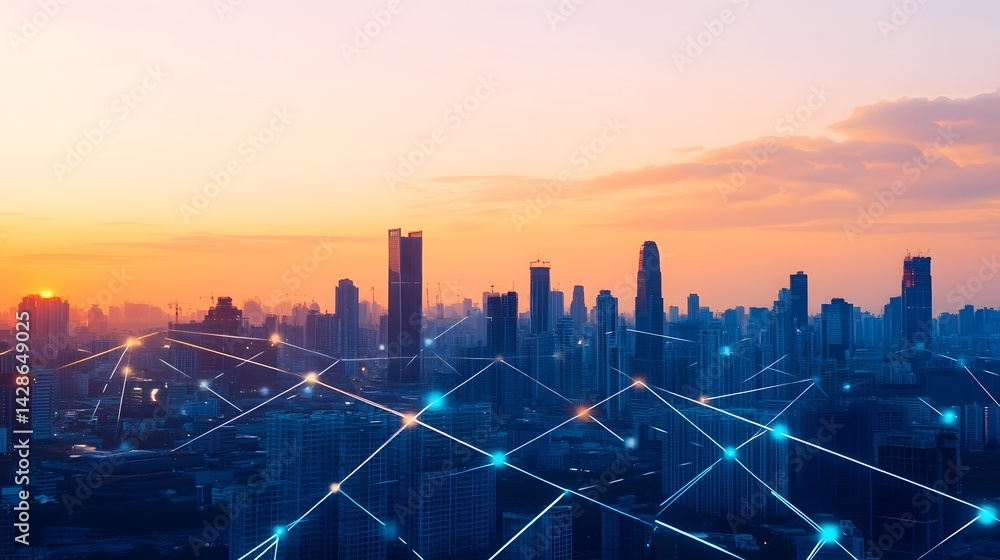 Futuristic Urban Cityscape with Glowing Data Network at Sunset