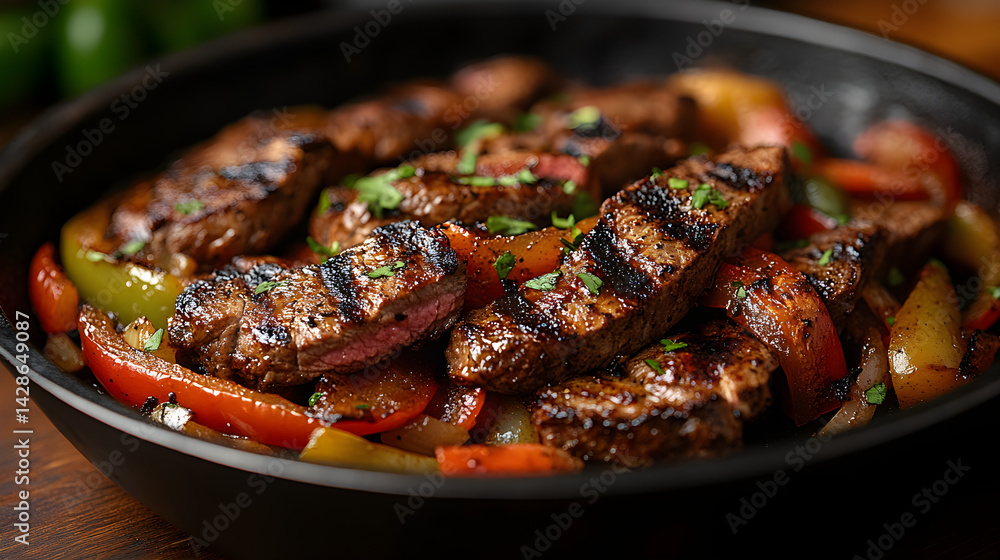 Grilled steak fajitas with bell peppers and onions served in a sizzling skillet