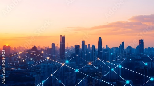Obraz na płótnie Futuristic Urban Cityscape with Glowing Data Network at Sunset w salonie
