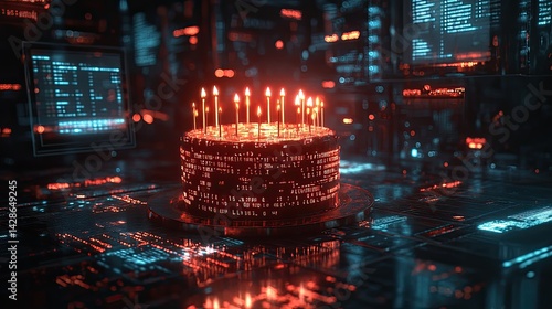A digital birthday cake with lit candles sits on a futuristic circuit board.