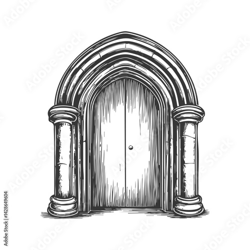 Gothic Arched Doorway With Columns Black And White Silhouette Illustration. Medieval Architecture And Historical Design. Isolated Vector Illustration