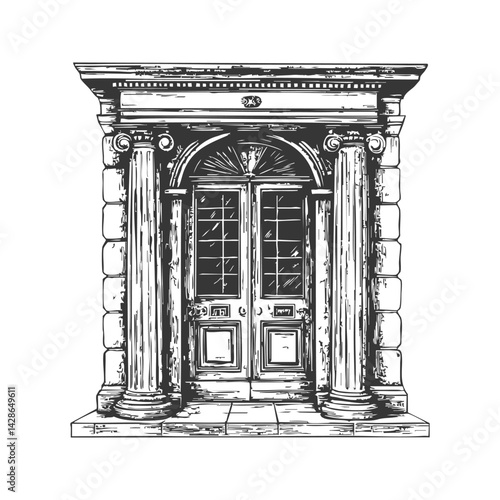 Classical Architectural Doorway With Columns Black And White Silhouette Illustration. Historical Elegance And Architectural Detail. Isolated Vector Illustration