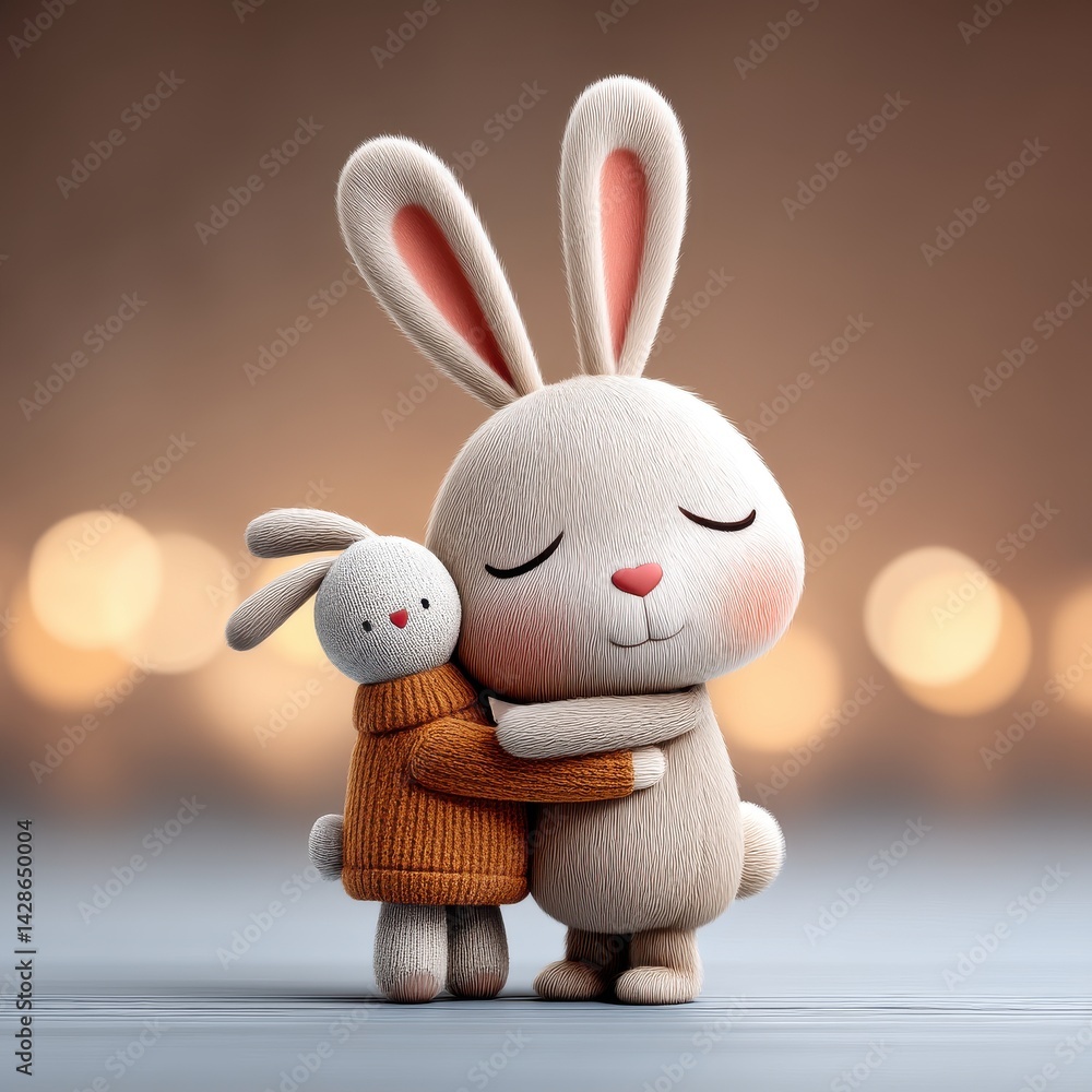 Obraz premium Two adorable 3D rendered bunnies hug sweetly against a blurred warm background perfect for children's books greeting cards or websites illustrating friendship love and family.
