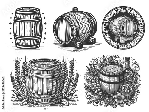 whiskey and beer keg barrel with floral, grain, and decorative elements in retro style set collection bundle sketch engraving generative ai vector illustration. Scratch board. Black and white image.