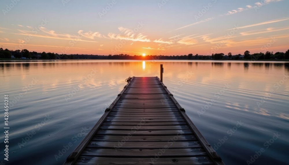 Naklejka premium Tranquil sunset over a serene lake and wooden dock.