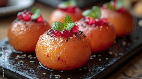 Obraz na płótnie Gulab Jamun presented on a black textured surface with elegant side garnishing w salonie