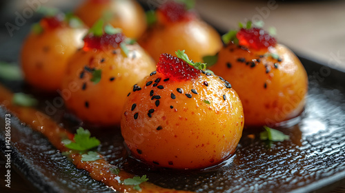 Obraz na płótnie Gulab Jamun presented on a black textured surface with elegant side garnishing w salonie