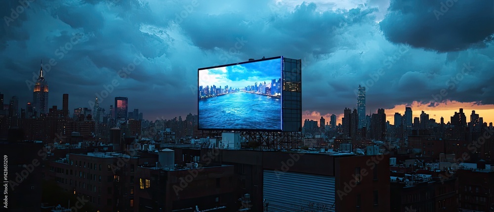 custom made wallpaper toronto digitalA large digital billboard displays a cityscape with a reflection of water under an approaching storm.