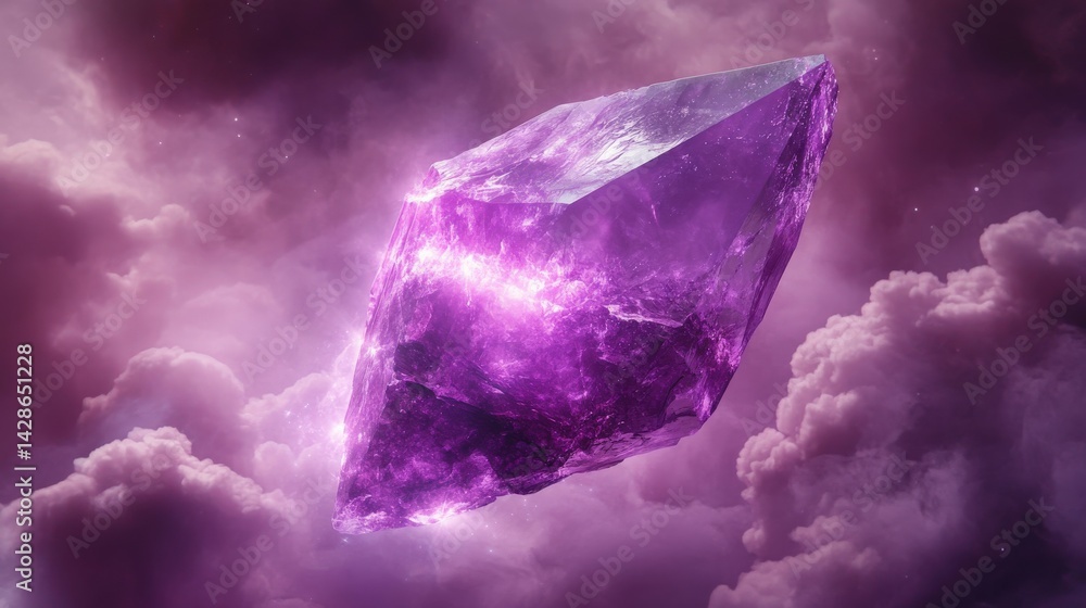 Brilliant Purple Crystal Floating Amidst Ethereal Clouds
