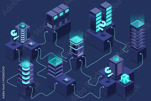 3d isometric concept big data center with server. Cloud computing. Network mainframe infrastructure. Isometric high technology concept