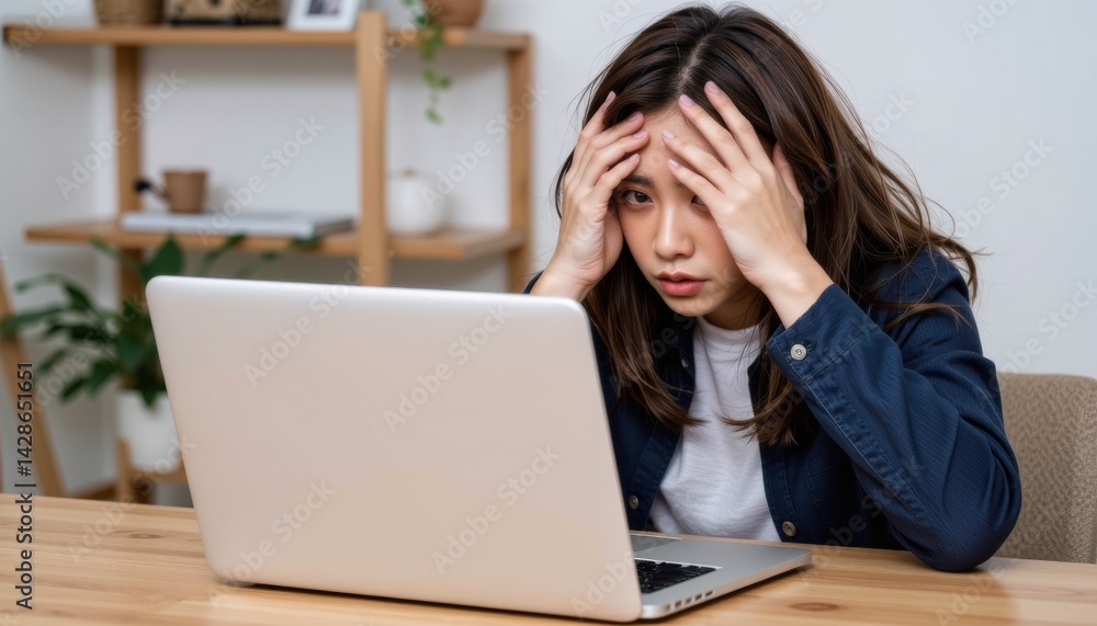 Stressed woman working on a laptop at home. Stressed woman working on a laptop at home.