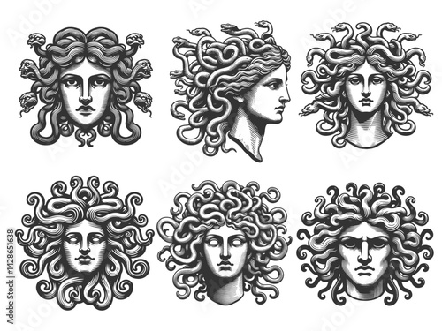 Medusa head set collection bundle sketch engraving generative ai vector illustration. Scratch board imitation. Black and white image.