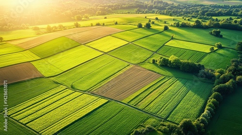Aerial view of lush green farmland with patchwork fields and distant hills during sunset