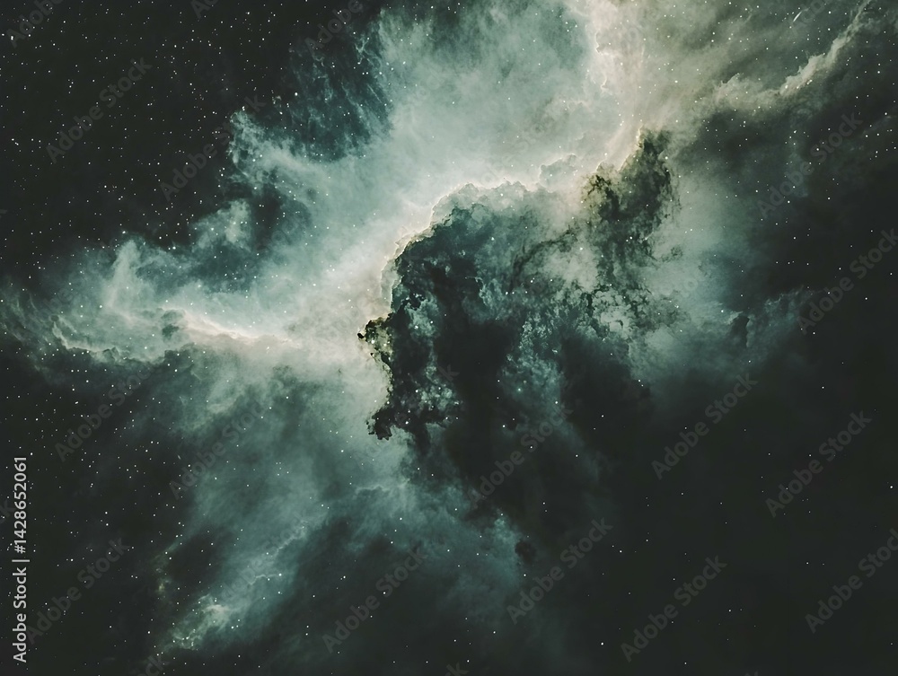 Fototapeta premium Stunning nebula image, teal and dark green cosmic clouds, sparkling stars. Perfect for backgrounds, wallpapers, and space-themed projects.