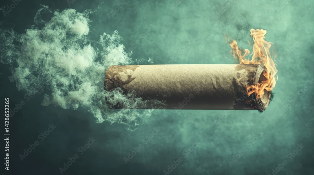 Burning Rolled Paper with Smoke Against a Mysterious Background