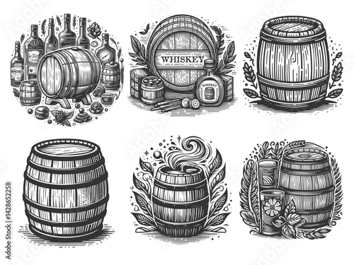 whiskey and beer keg barrel with floral, grain, and decorative elements in retro style set collection bundle sketch engraving generative ai vector illustration. Scratch board. Black and white image.
