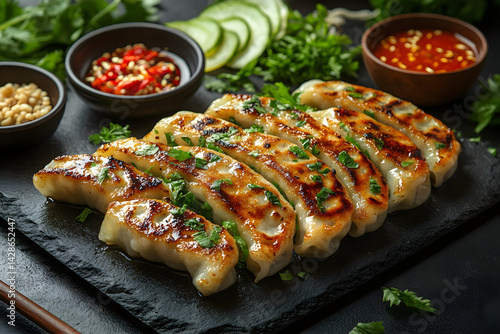 Obraz na płótnie Gyoza styled on rustic black stone table with side ingredients w salonie