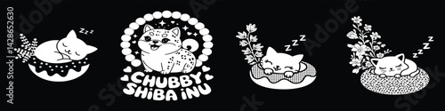 Cute cartoon cats and shiba inu line art set in black and white