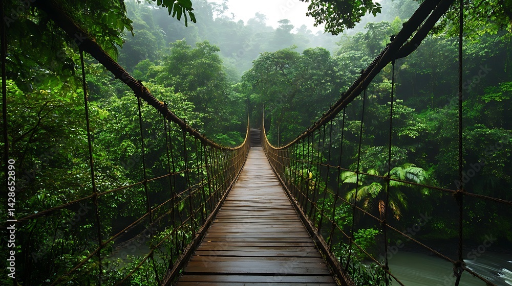 Obraz premium Lush rainforest canopy bridges a pathway through misty foliage.