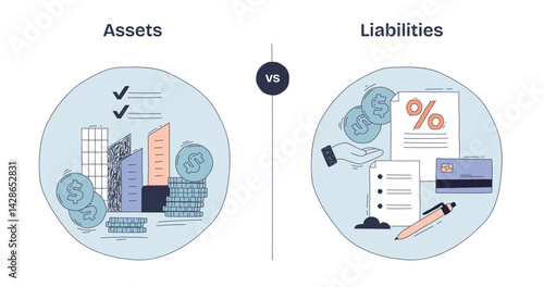 Assets vs Liabilities shows buildings, coins, and documents to illustrate financial balance and obligations. Doodle style diagram