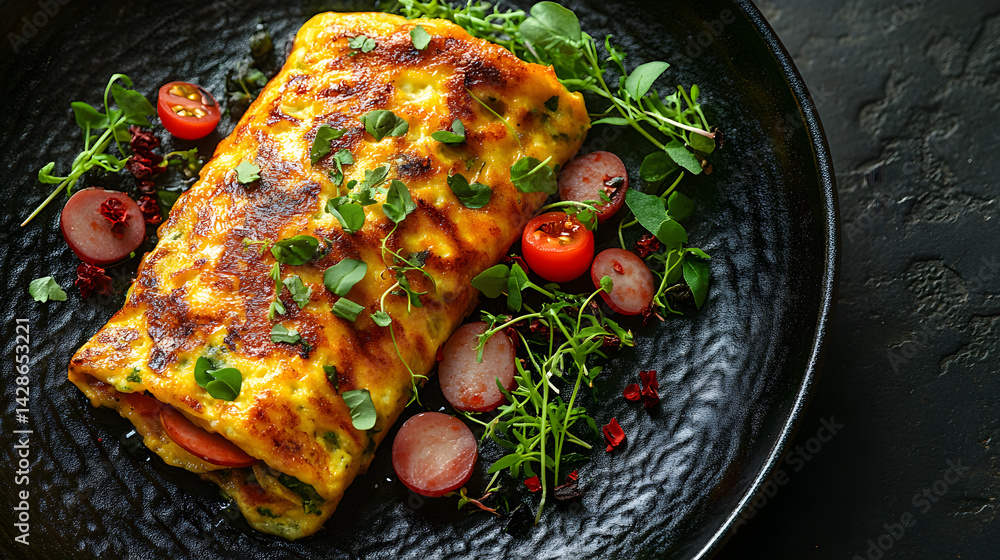 Ham and Cheese Omelette presented on a black textured surface with elegant side garnishing