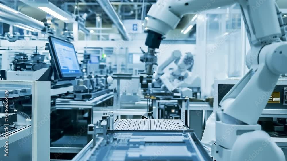 最先端の工場で電子基板を組み立てるロボットアーム 最先端の工場で電子基板を組み立てるロボットアーム