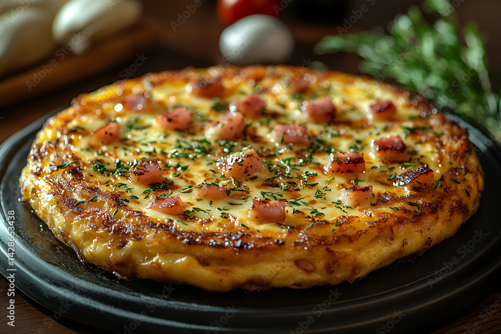 Ham and Cheese Omelette styled on dark grey background with clean plating and props