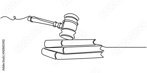 law hammer and books one line continuous single line art, Continuous single line sketch drawing of gavel law justice judge hammer and stack of books one line editable vector illustration, Continuous.