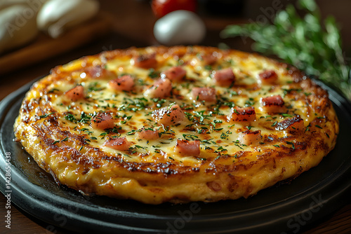 Obraz na płótnie Ham and Cheese Omelette styled on dark grey background with clean plating and props w salonie