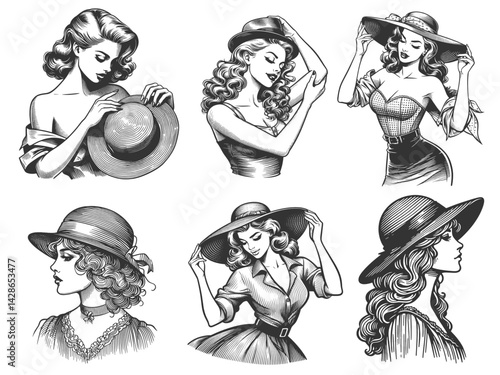 women in retro dresses and wide-brimmed hats, vintage elegance and charm Set collection bundle sketch engraving generative ai vector illustration. Scratch board imitation. Black and white image.