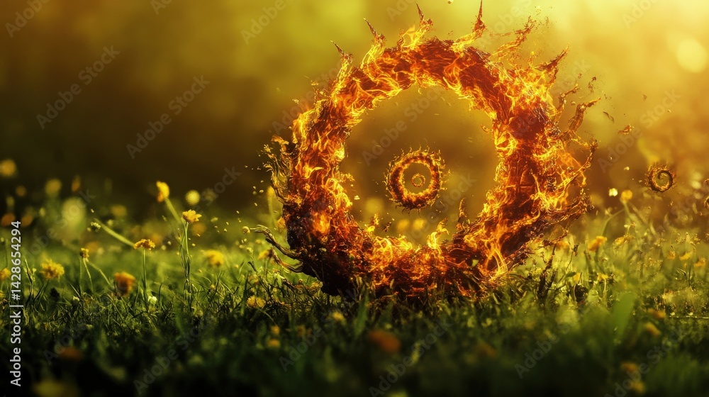 Circular Fire Design with Spirals and Vivid Yellow Flowers