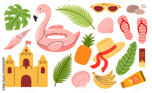 Beach summer elements. Tropical vacation. Travel, beach, summertime accessory. Flamingos, sandcastle, pineapple, tropic leaves, beach accessories. Hand drawn vector illustration isolated 