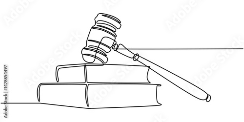 law hammer and books one line continuous single line art, Continuous single line sketch drawing of gavel law justice judge hammer and stack of books one line editable vector illustration, Continuous.