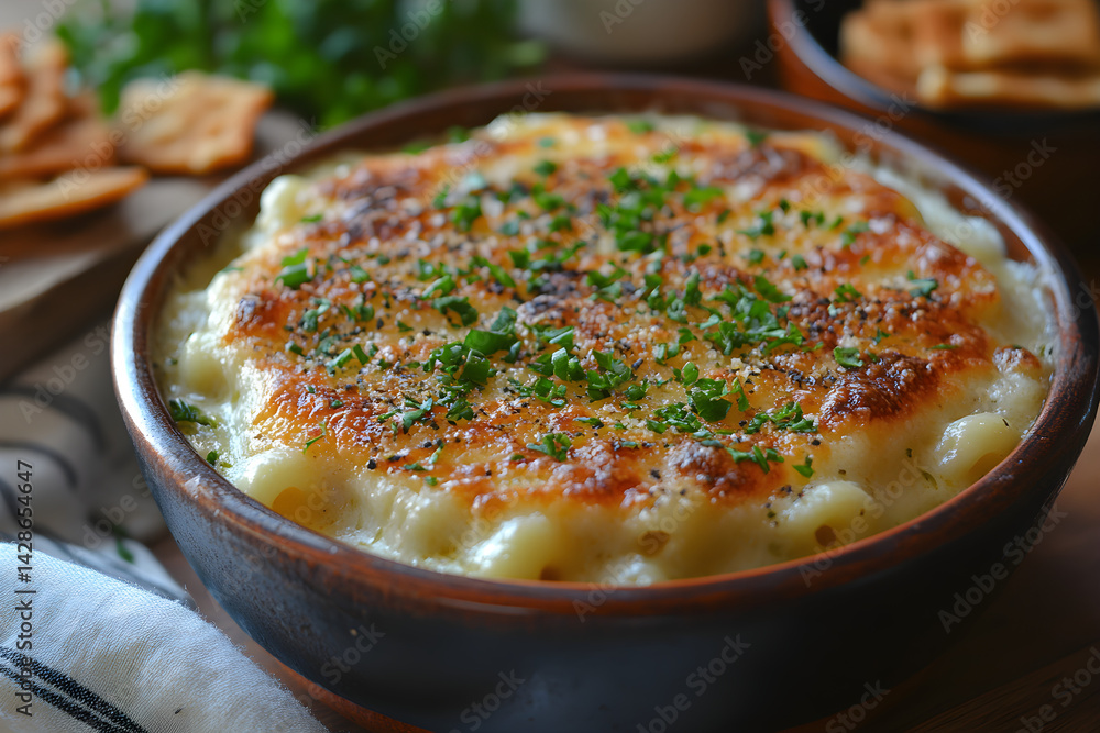 Homemade mac and cheese with melted cheese on top served in a bowl