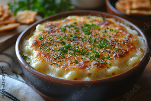 Obraz na płótnie Homemade mac and cheese with melted cheese on top served in a bowl w salonie
