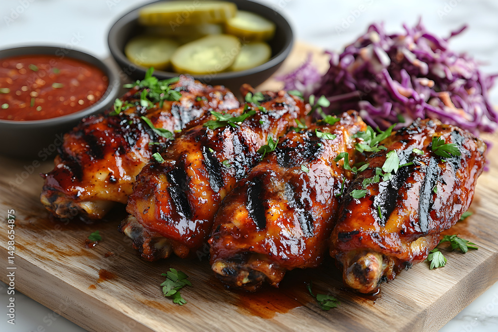 Hot BBQ wings served with a side of coleslaw and pickles
