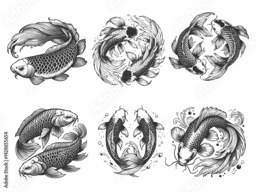 koi fish Set collection symbolizing harmony, balance, and Japanese tradition bundle sketch engraving generative ai vector illustration. Scratch board imitation. Black and white image.