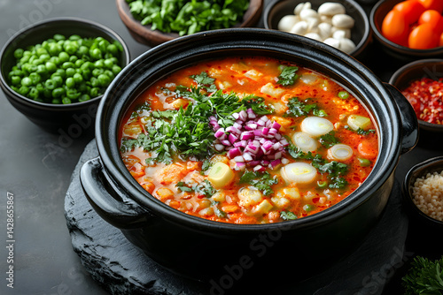 Hot Pot styled on rustic black stone table with side ingredients