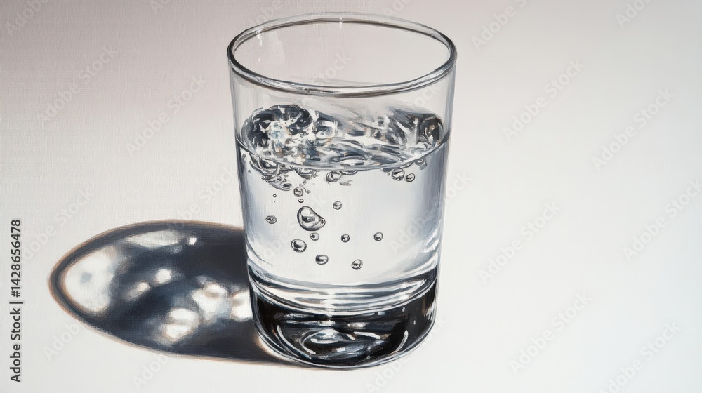 Clear Glass with Water and Bubbles on Light Background