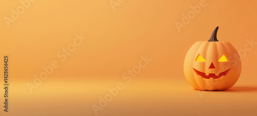 close up shot of carved jack o lantern with glowing face, set against warm orange background, evokes festive Halloween spirit