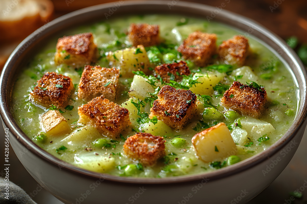 Hot bowl of creamy potato leek soup garnished with crispy croutons
