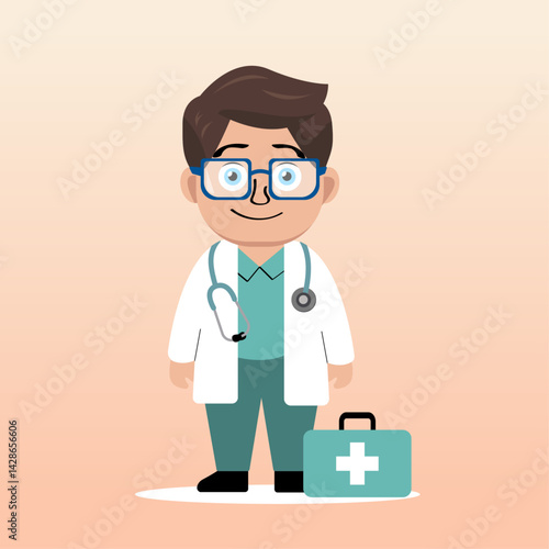 vector illustration of a little doctor in glasses with a stethoscope and a pharmacy
