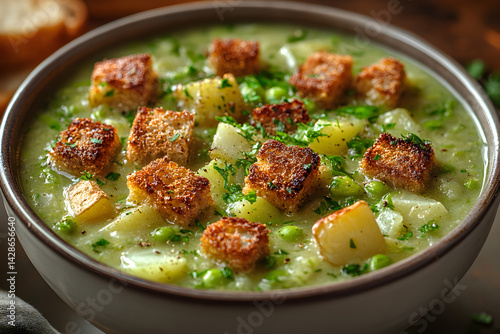 Obraz na płótnie Hot bowl of creamy potato leek soup garnished with crispy croutons w salonie