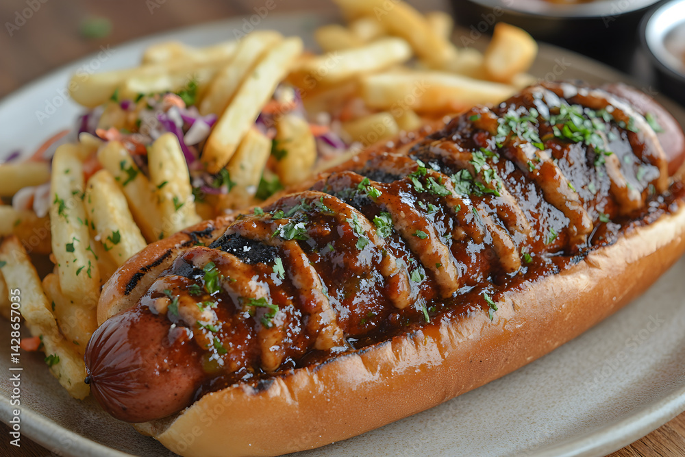 Hot chili dog served with a side of crispy fries and coleslaw