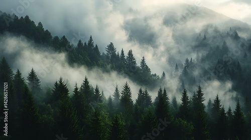 Misty mountainside forest shrouded in a thick cloud cover.