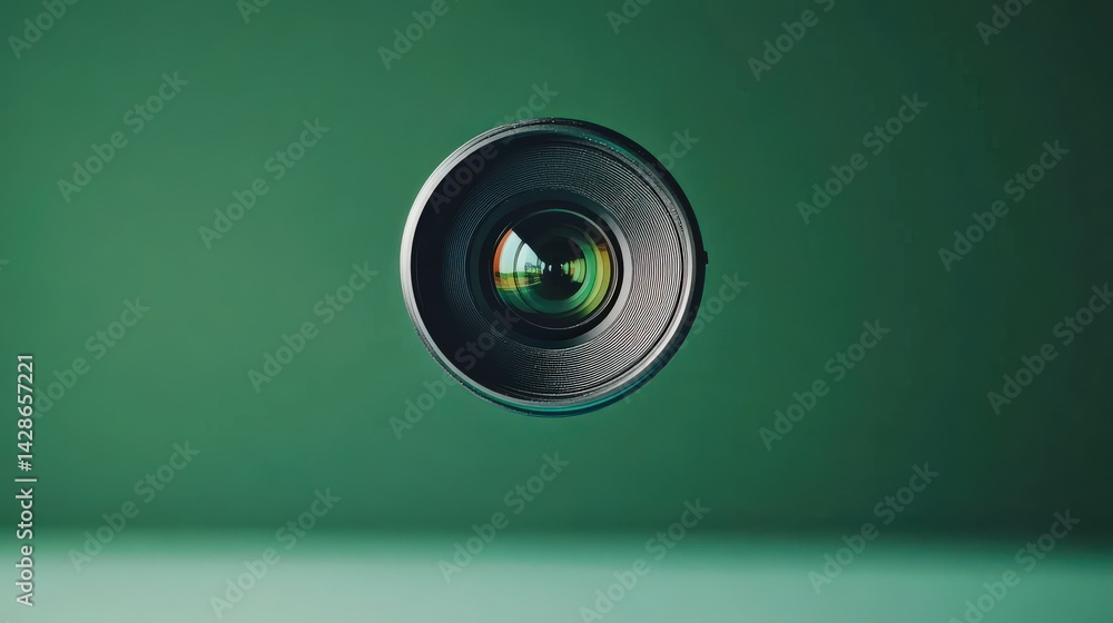 Close-Up of Camera Lens with Green Background for Photography Concept