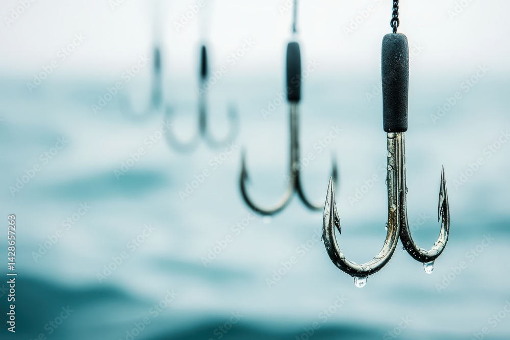 Close-Up of Fishing Hooks Hanging Above Calm Ocean Water