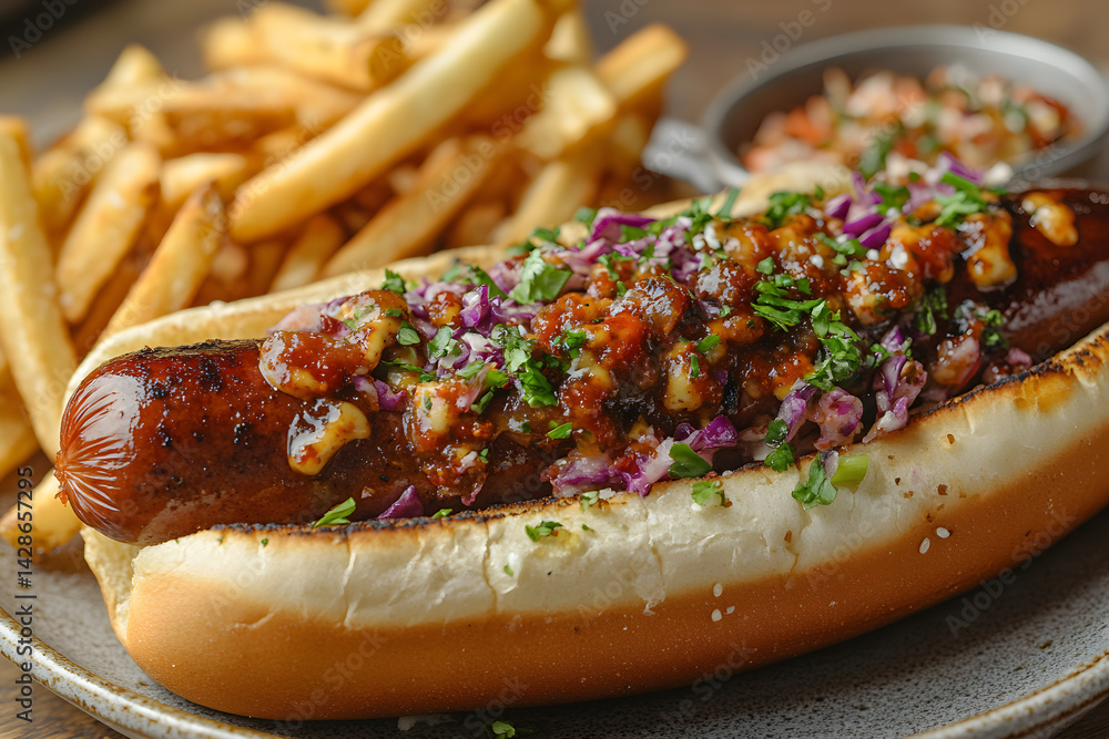 Hot chili dog served with a side of crispy fries and coleslaw